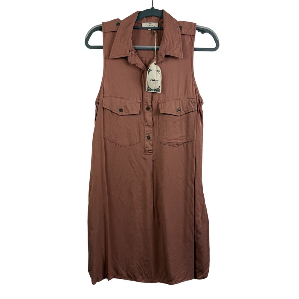 New Entro Popover Shift Mini Dress Medium Rusty Pink Pockets Sleeveless Collared
